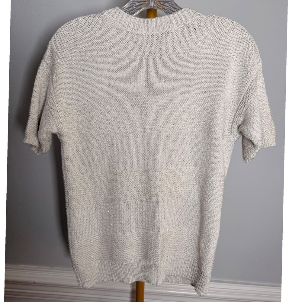 Saks Fifth Avenue Short Sleeve Knit Sweater Women Med White-Silver Sequin Italy - Picture 3 of 7